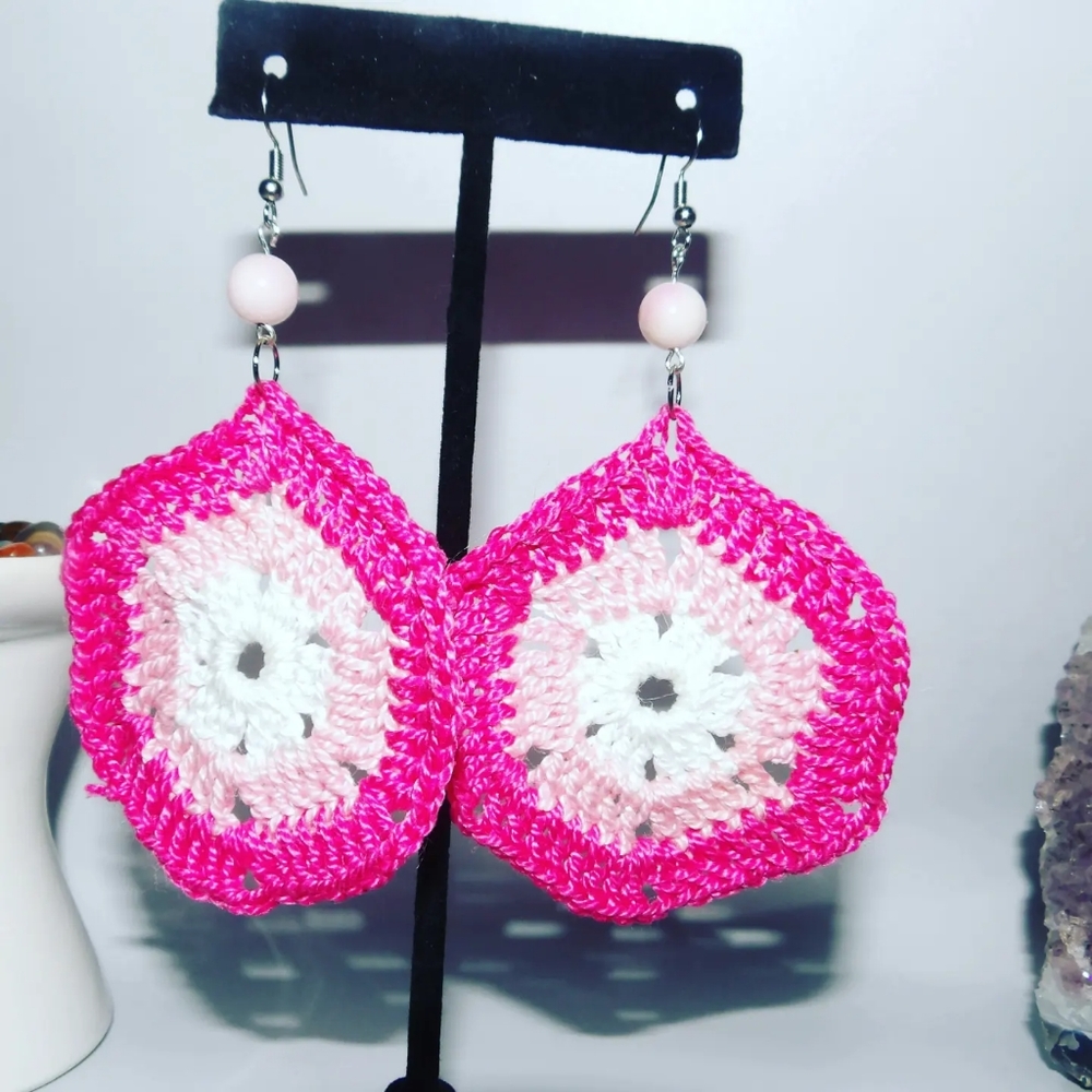 Rose quartz and crochet earrings
